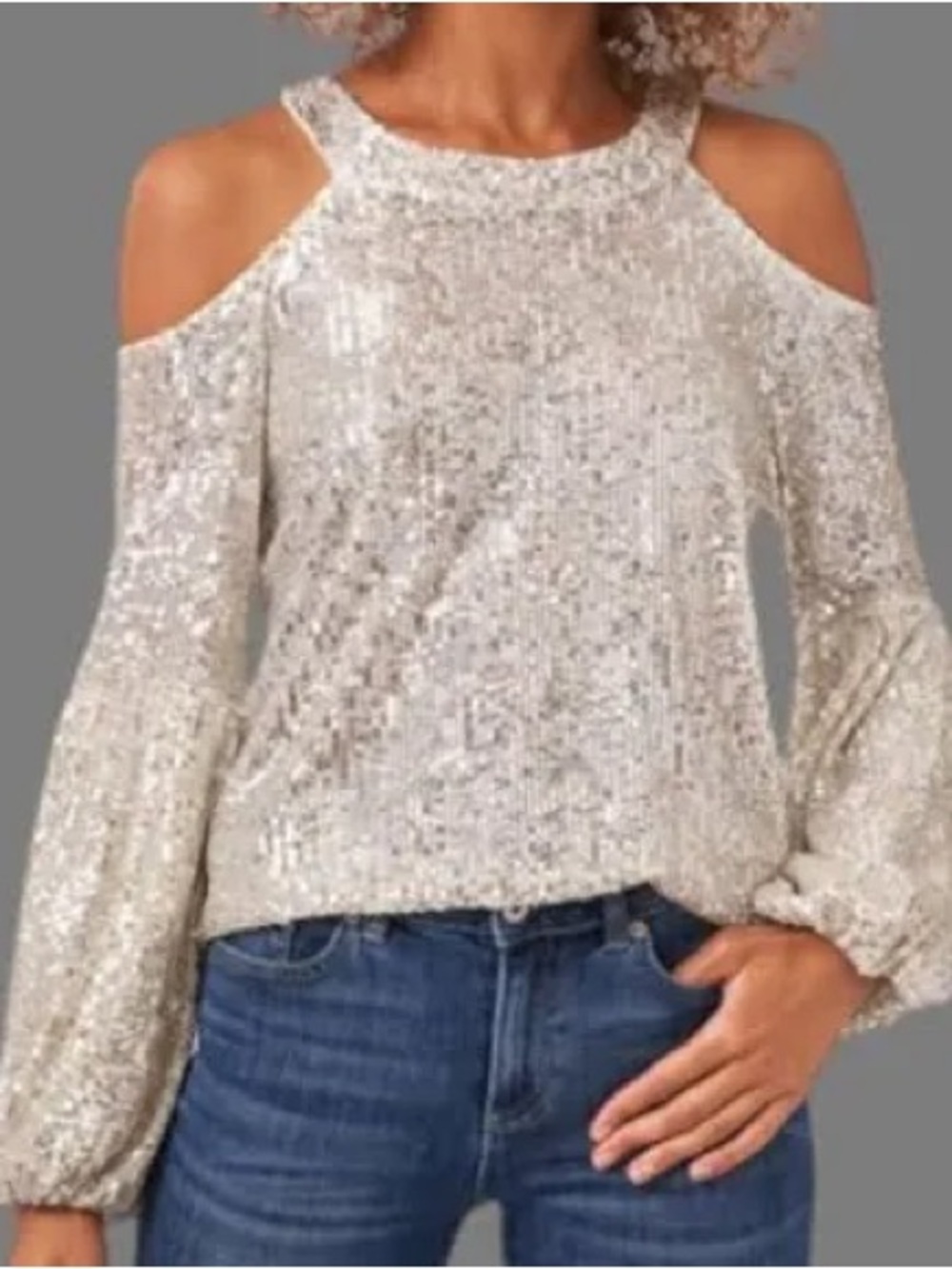CeCe Silver Sequin Cold-Shoulder Blouse size XS